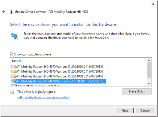 Windows 10 and dodgy ATI Mobility Radeon HD 4670 drivers